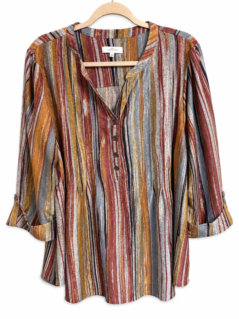 new directions Striped V-Neck Tunic - Rust, Mustard, Gray 3X